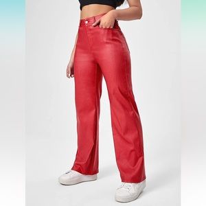 Verdusa Women's High Waist Leather Leggings Pocket Straight Wide Leg PU Pants